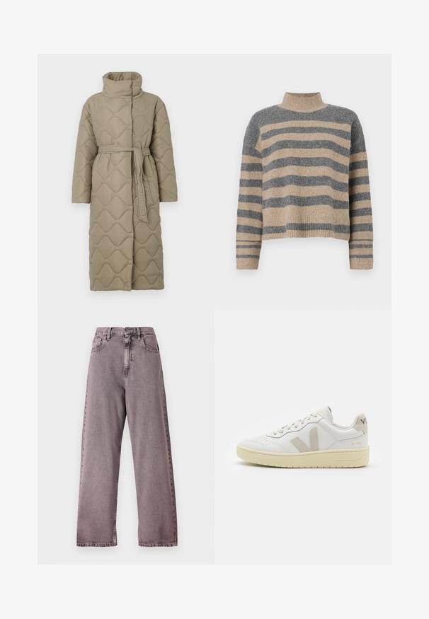 Hosszú taupe színű steppelt kabát magas gallérral és azonos anyagból készült övvel, amely a deréknál van megkötve, hullámmintás varrással az egész felületen.; Csíkos kötött pulóver szürke és bézs színekkel, magas gallérral, széles mandzsettás ujjal és laza, rövidített fazonnal.; Magas derekú, bő szárú farmer világoslila denimből, gombos záródással, öt zsebbel, és diszkrét kopással az varrások mentén.; Fehér bőr sneaker bézs velúr részletekkel, perforált orr résszel, lapos fűzőkkel és textúrált krémszínű talppal. Finom márkajelzés található a sarkán.