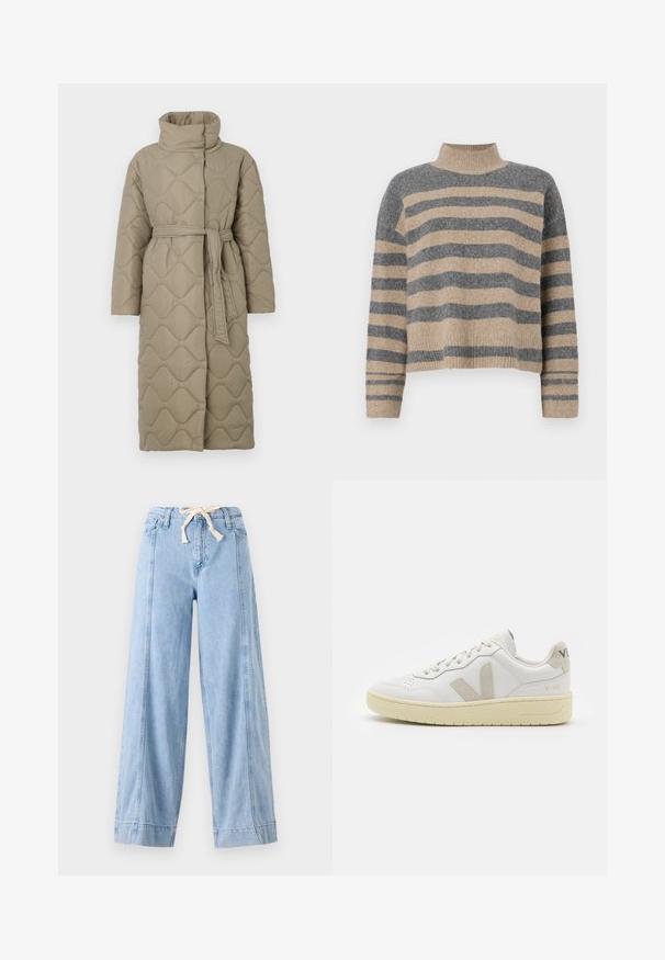 Abrigo largo en tono topo, acolchado, con cuello alto y cinturón de tela a juego atado en la cintura, que presenta un diseño de costura en patrón de olas en toda su superficie.; Suéter de punto a rayas en colores gris y beige, con cuello alto, mangas anchas con puños, y un corte relajado con un diseño recortado.; Vaqueros de pierna ancha de un azul claro, hechos de mezclilla, con cinturilla ajustable y costuras verticales a lo largo de los lados.; Zapatilla de piel blanca con acentos de ante beige, caja de puntera perforada, cordones planos y suela texturizada en color crema. Cuenta con un branding sutil en el talón.