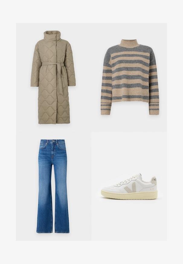 Dugi taupe kaput s kvadrama s visokim ovratnikom i remenom od istog materijala zavezanim u struku, s valovitim uzorkom šivanja kroz cijelu površinu.; Prugasti pleteni džemper u sivoj i bež boji, s visokim ovratnikom, širokim rukavima s manžetama i opuštenim krojem koji je skraćen.; Široke plave traperice s visokim strukom, koje imaju patentni zatvarač, kopčanje na gumb i suptilno izblijedjenje duž nogu.; Bijele kožne tenisice s bež nubuk naglascima, perforiranim prednjim dijelom, ravnim čipkama i teksturiranom kremastom potplatom. Sadrži suptilni brend na pete.