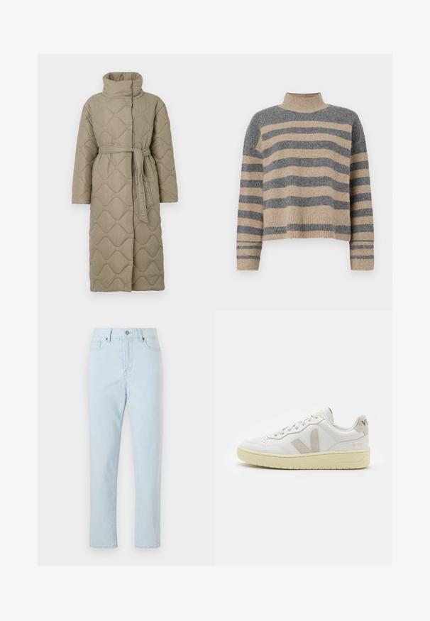 Ilgas taupe spalvos siuvinėtas paltas su aukštu apykakle ir derančiu audinio diržu, suvytu juosmenyje, su banguotu raštu siuvinėjimu visame paviršiuje.; Dryžuotas mezginys su pilkos ir smėlio spalvomis, aukštu kaklu, plačiomis rankovėmis su atvartais ir laisvu siluetu, trumpesnio ilgio.; Pasitikros šviesiai mėlynos, aukštu liemeniu, tiesios kojų džinsai su priekinėmis kišenėmis, dirželių kilpomis, mygtuko uždarymu ir matoma siuvimo linija kojose.; Balti odiniai sportbačiai su kreminiais zomšos akcentais, perforuota pirštų dalimi, plokščiomis raišteliais ir struktūruota kreminėmis padomis. Ant kulno yra subtilus ženklinimas.