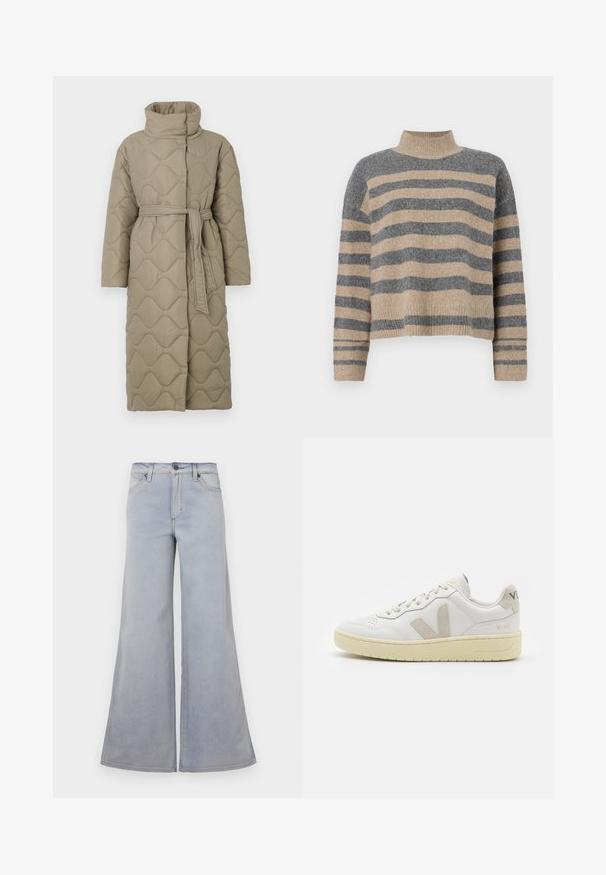 Manteau lung de culoare taupe, matlasat, cu guler înalt și curea din același material legată în talie, având o broderie în formă de valuri pe întreaga suprafață.; Pulover tricotat cu dungi, în culori gri și bej, guler înalt, mâneci late cu manșete și o croială lejeră cu un design scurt.; Jeans evazate de culoare albastru deschis, din denim, cu talie înaltă, cinci buzunare și detalii subtile de cusătură pe margini.; Pantofii sport din piele albă cu accente din suede bej, cutie pentru degete perforată, șireturi plate și o talpă texturată de crem. Prezintă branding subtil pe călcâi.