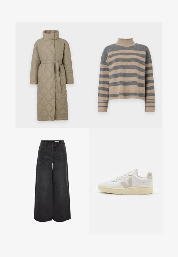 Hosszú taupe színű steppelt kabát magas gallérral és azonos anyagból készült övvel, amely a deréknál van megkötve, hullámmintás varrással az egész felületen.; Csíkos kötött pulóver szürke és bézs színekkel, magas gallérral, széles mandzsettás ujjal és laza, rövidített fazonnal.; Széles lábú fekete farmernadrág magas derekú fazonnal, elülső zsebekkel és diszkrét textúrával; kényelmes szabású.; Fehér bőr sneaker bézs velúr részletekkel, perforált orr résszel, lapos fűzőkkel és textúrált krémszínű talppal. Finom márkajelzés található a sarkán.