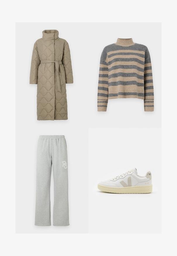 Dlhý taupe prešívaný kabát s vysokým golierom a opaskom z rovnakého materiálu viazaným v páse, so štepovaním vlnkového vzoru po celej ploche.; Prúžkovaný pletený sveter s šedými a béžovými farbami, vysokým golierom, širokými manžetami a voľným strihom s krátkym dizajnom.; Šedé teplákové nohavice s elastickým pásom, rovný strih, mäkká textura a malé biele logo na ľavej strane.; Biele kožené tenisky s béžovými semišovými akcentmi, perforovanou špičkou, plochými šnúrkami a textúrovanou krémovou podrážkou. Obsahujú jemné označenie na päte.