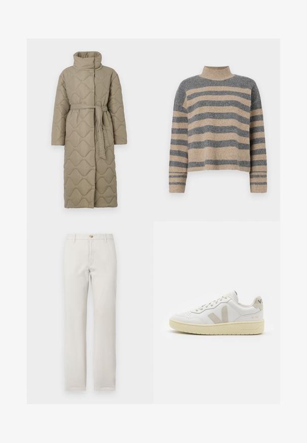 Lange taupe gekwiltde jas met hoge kraag en bijpassende stoffen riem die om de taille is geknoopt, met golfpatroon stiksel over het geheel.; Gestreepte gebreide trui met grijze en beige kleuren, hoge hals, brede mouwen met manchetten en een relaxte pasvorm met een cropped ontwerp.; Rechtrand beige broek met riemlussen, knoopsluiting aan de voorkant en ritssluiting op een effen witte achtergrond.; Witte leren sneaker met beige suède accenten, geperforeerde neus, platte veters en een gestructureerde crèmekleurige zool. Heeft subtiele branding op de hak.