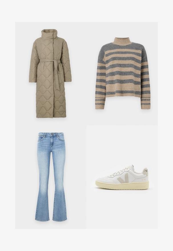 Lang taupe quiltet frakke med høj krave og bælte i matchende stof bundet i taljen, med bølge-mønster syninger over hele.; Striktrøje med striber i grå og beige farver, høj hals, brede manchetærmer og en afslappet pasform med et cropped design.; Lyseblå vide jeans lavet af denim. Har et traditionelt fem-lommer design og en lynlås med knaplukning. Bleg effekt på lårerne.; Hvide lærreds sneakers med beige ruskindsdetaljer, perforeret tåboks, flade snørebånd og en struktureret cremefarvet sål. Har diskret branding på hælen.