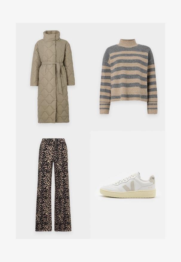 Long taupe quilted coat with high collar and matching fabric belt tied at the waist, featuring wave-pattern stitching throughout.; Striped knit sweater featuring gray and beige colors, high neck, wide cuffed sleeves, and a relaxed fit with a cropped design.; Wide-leg trousers in a leopard print pattern with a beige background and black spots, featuring a classic button and zipper closure.; White leather sneaker with beige suede accents, perforated toe box, flat laces, and a textured cream sole. Features subtle branding on heel.