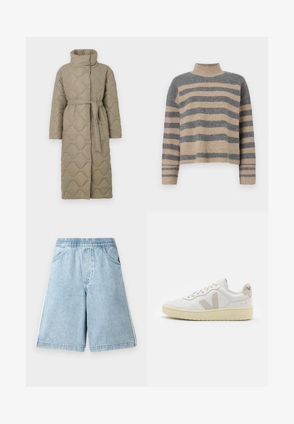 Pikk taupe värvi tikitud mantel kõrge kraega ja sobiva materjalist vööga, mis on seotud vöökohal, ning kogu ulatuses on lainelise mustriga tikand.; Triibuline kudumipusa, millel on hallid ja beezid toonid, kõrge kaelus, laiad mansetid ja vabalt langev lõige koos lühendatud disainiga.; Heledad sinised teksapüksid elastse vööga, küljetaskud ja valged külje triibud, mis pakuvad mugavat istuvust ja siledat tekstuuri.; Valge nahast tenniseking, millel on beežist siidist aktsent ja aukudega varvas, lame paelad ja tekstureeritud koorevärvi tallad. Omab nüansirikast brändimist kannal.