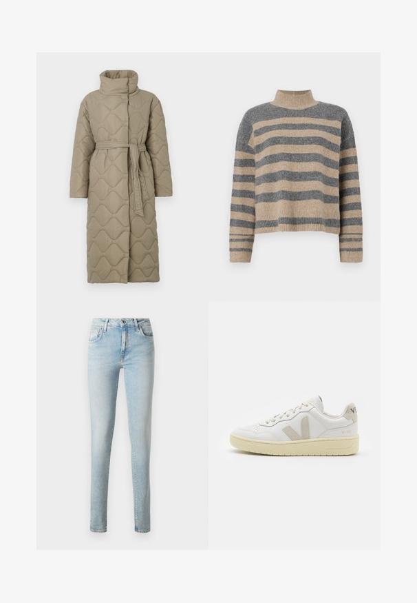 Hosszú taupe színű steppelt kabát magas gallérral és azonos anyagból készült övvel, amely a deréknál van megkötve, hullámmintás varrással az egész felületen.; Csíkos kötött pulóver szürke és bézs színekkel, magas gallérral, széles mandzsettás ujjal és laza, rövidített fazonnal.; Világoskék farmernadrág, slim fit szabással, öt zsebes kialakítással, klasszikus övhurkokkal és zipzárral, egyetlen gombbal.; Fehér bőr sneaker bézs velúr részletekkel, perforált orr résszel, lapos fűzőkkel és textúrált krémszínű talppal. Finom márkajelzés található a sarkán.