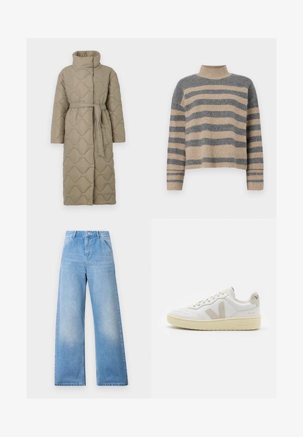 Dolga taupe puhovka s visokim ovratnikom in pasom iz iste tkanine, zavezanim na pasu, ki vsebuje šivane vzorce valov v celotni dolžini.; Prajčast pulover z šivi v sivi in bež barvi, visokim ovratnikom, širokimi manšetami in sproščenim krojem s skrajšano zasnovo.; Svjetloplavi traper široki traperice s visokom strukom, koje imaju dva prednja džepa i zatvaranje na dugme. Čist izgled s minimalnim izbljeđivanjem.; Bela usnjena tenisača z bež semiš poudarki, perforiranim prednjim delom, ravnimi vezalkami in strukturiranim kremnim podplatom. Ima diskretno blagovno znamko na peti.