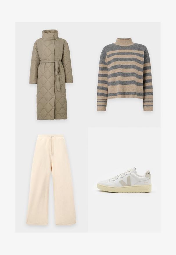 Manteau long en taupe matelassé avec col haut et ceinture en tissu assorti nouée à la taille, présentant des coutures en motif de vagues sur l'ensemble.; Pull en maille rayé aux couleurs grises et beiges, col haut, manches large à poignet, coupe décontractée avec un design court.; Pantalons à jambes larges en beige clair, fabriqués dans un tissu texturé. Dotés d'une taille élastique avec cordon de serrage. Design simple et sans embellissement.; Baskets blanches en cuir avec des accents en daim beige, boîte à orteils perforée, lacets plats et semelle texturée crème. Présente un logo discret au talon.