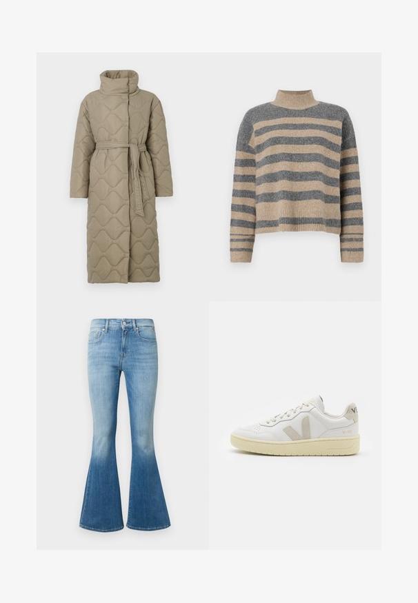Abrigo largo en tono topo, acolchado, con cuello alto y cinturón de tela a juego atado en la cintura, que presenta un diseño de costura en patrón de olas en toda su superficie.; Suéter de punto a rayas en colores gris y beige, con cuello alto, mangas anchas con puños, y un corte relajado con un diseño recortado.; Jeans acampanados de denim azul claro con cintura alta, lavado desgastado y diseño clásico de cinco bolsillos con acentos de metal.; Zapatilla de piel blanca con acentos de ante beige, caja de puntera perforada, cordones planos y suela texturizada en color crema. Cuenta con un branding sutil en el talón.