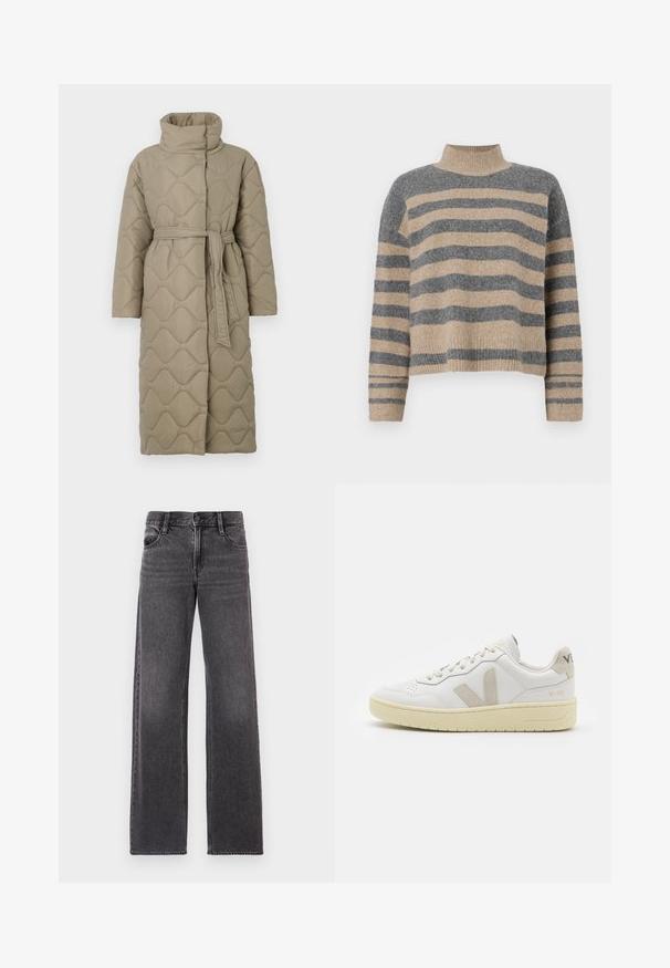 Lång taupe-färgad vadderad kappa med hög krage och matchande tygskärp knutet i midjan, med en vågmönstrad sömnad genom hela plagget.; Randig stickad tröja i grå och beige färger, hög krage, vida manschetter och avslappnad passform med en cropped design.; Mörkgrå vida jeans i denim, med en framknapp, två bakfickor och kontrasterande sömmar längs kanterna.; Vita lädersneakers med beige mockadetaljer, perforerad tåbox, platta snören och en texturerad krämfärgad sula. Har diskret varumärkning på hälen.