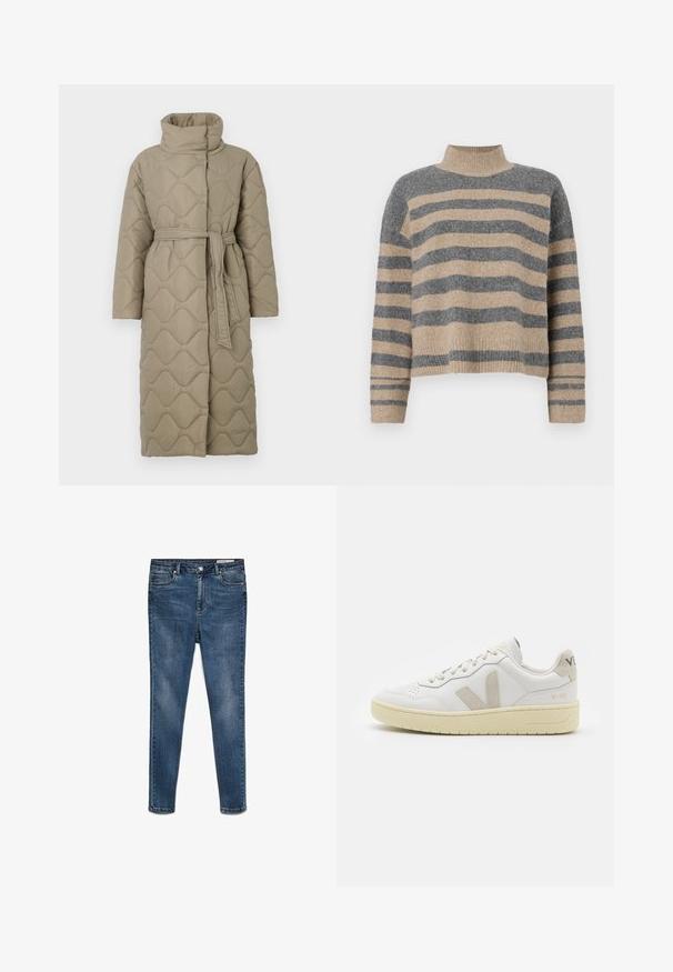 Hosszú taupe színű steppelt kabát magas gallérral és azonos anyagból készült övvel, amely a deréknál van megkötve, hullámmintás varrással az egész felületen.; Csíkos kötött pulóver szürke és bézs színekkel, magas gallérral, széles mandzsettás ujjal és laza, rövidített fazonnal.; Sötétkék farmer skinny farmernadrág közepes derékrésszel, öt zsebbel és enyhe kopással. Gombos és cipzáras záródással rendelkezik.; Fehér bőr sneaker bézs velúr részletekkel, perforált orr résszel, lapos fűzőkkel és textúrált krémszínű talppal. Finom márkajelzés található a sarkán.