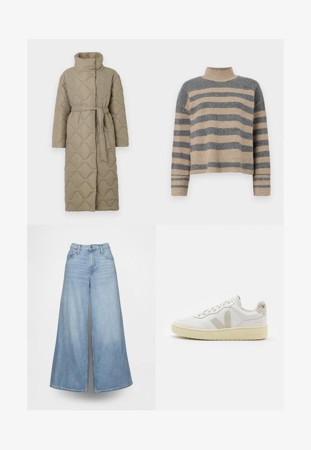 Lange taupe gekwiltde jas met hoge kraag en bijpassende stoffen riem die om de taille is geknoopt, met golfpatroon stiksel over het geheel.; Gestreepte gebreide trui met grijze en beige kleuren, hoge hals, brede mouwen met manchetten en een relaxte pasvorm met een cropped ontwerp.; Lichtblauwe wijde jeans van denim, met een hoge taille, voorzakken en een knoopsluiting. De stof heeft een verweerde wassing.; Witte leren sneaker met beige suède accenten, geperforeerde neus, platte veters en een gestructureerde crèmekleurige zool. Heeft subtiele branding op de hak.