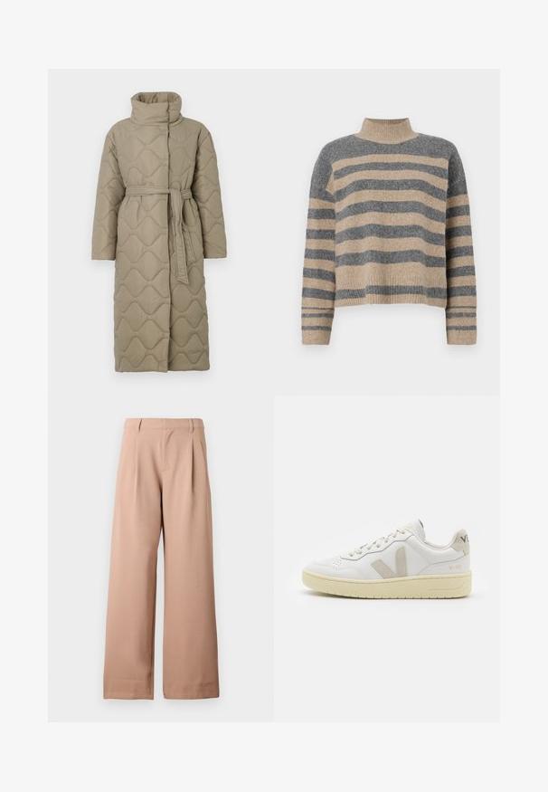 Langer taubefarbener gesteppter Mantel mit hohem Kragen und passendem Stoffgürtel, der in der Taille gebunden ist, mit Wellenmuster-Steppung. ; Gestreifter Strickpullover in Grau- und Beigetönen, mit hohem Kragen, breiten Bündchen an den Ärmeln und einer lockeren Passform im verkürzten Design.; Beige weite Hose mit Gürtelschlaufen, Falten an der Taille und flachem Frontdesign, vor einem schlichten weißen Hintergrund präsentiert.; Weiße Ledersneaker mit beigen Wildlederakzenten, perforierte Zehenbox, flache Schnürsenkel und eine strukturierte cremefarbene Sohle. Mit dezentem Branding an der Ferse.