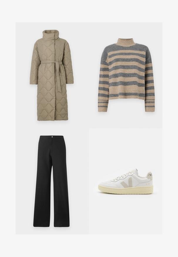 Lange taupe gekwiltde jas met hoge kraag en bijpassende stoffen riem die om de taille is geknoopt, met golfpatroon stiksel over het geheel.; Gestreepte gebreide trui met grijze en beige kleuren, hoge hals, brede mouwen met manchetten en een relaxte pasvorm met een cropped ontwerp.; Zwarte wijde broek van een zachte stof, met een voorknoopsluiting, strakke lijnen en een minimalistisch ontwerp zonder patronen.; Witte leren sneaker met beige suède accenten, geperforeerde neus, platte veters en een gestructureerde crèmekleurige zool. Heeft subtiele branding op de hak.