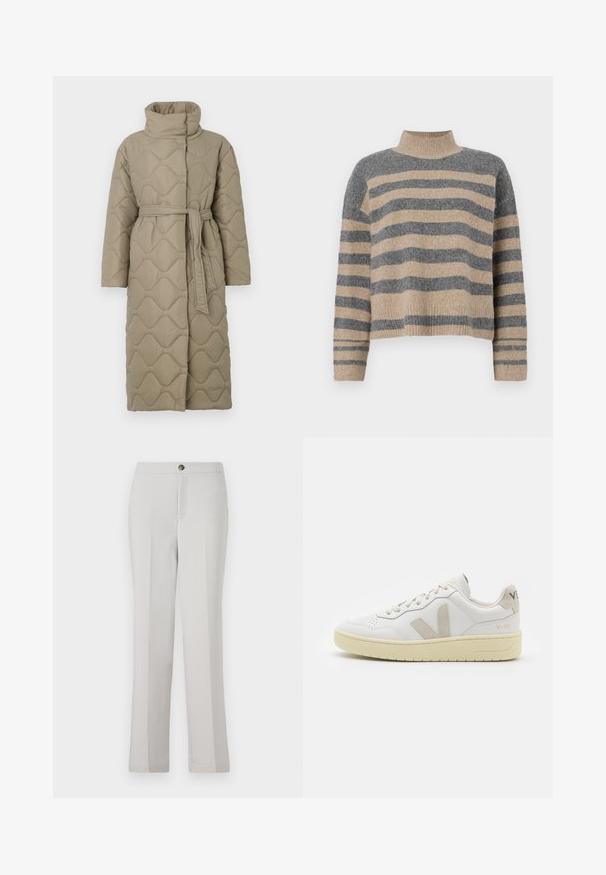 Manteau long en taupe matelassé avec col haut et ceinture en tissu assorti nouée à la taille, présentant des coutures en motif de vagues sur l'ensemble.; Pull en maille rayé aux couleurs grises et beiges, col haut, manches large à poignet, coupe décontractée avec un design court.; Pantalons droits gris clair en tissu lisse, avec une fermeture à bouton sur le devant, des poches latérales et une coupe ajustée.; Baskets blanches en cuir avec des accents en daim beige, boîte à orteils perforée, lacets plats et semelle texturée crème. Présente un logo discret au talon.
