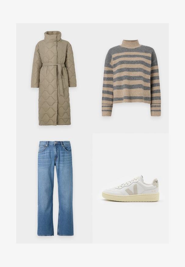 Ilgas taupe spalvos siuvinėtas paltas su aukštu apykakle ir derančiu audinio diržu, suvytu juosmenyje, su banguotu raštu siuvinėjimu visame paviršiuje.; Dryžuotas mezginys su pilkos ir smėlio spalvomis, aukštu kaklu, plačiomis rankovėmis su atvartais ir laisvu siluetu, trumpesnio ilgio.; Šviesiai mėlyni džinsai su tiesia kojų forma, penkių kišenių stiliumi, vienu mygtuko uždarymu ir siuvinėjimu palei siūles.; Balti odiniai sportbačiai su kreminiais zomšos akcentais, perforuota pirštų dalimi, plokščiomis raišteliais ir struktūruota kreminėmis padomis. Ant kulno yra subtilus ženklinimas.