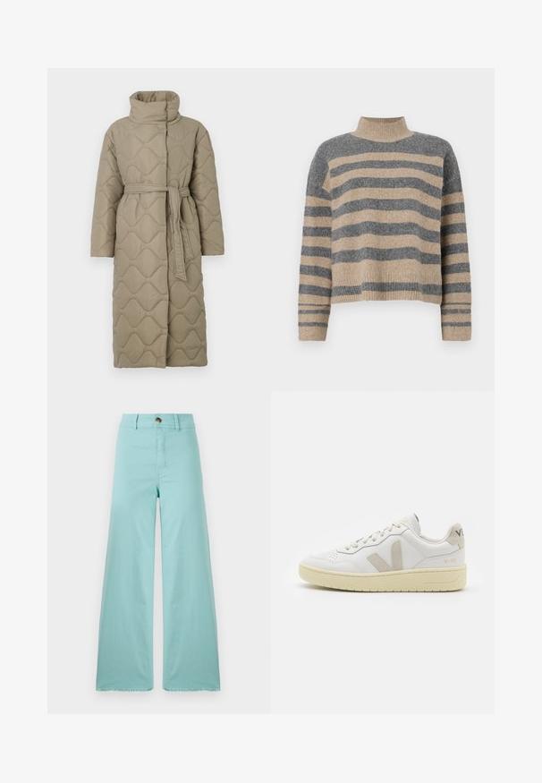 Langer taubefarbener gesteppter Mantel mit hohem Kragen und passendem Stoffgürtel, der in der Taille gebunden ist, mit Wellenmuster-Steppung. ; Gestreifter Strickpullover in Grau- und Beigetönen, mit hohem Kragen, breiten Bündchen an den Ärmeln und einer lockeren Passform im verkürzten Design.; Weite Hosen aus hellblauem Stoff mit fransigem Saum. Mit Knopfverschluss und normalen Taschen. Glatte Textur im gesamten Stoff.; Weiße Ledersneaker mit beigen Wildlederakzenten, perforierte Zehenbox, flache Schnürsenkel und eine strukturierte cremefarbene Sohle. Mit dezentem Branding an der Ferse.