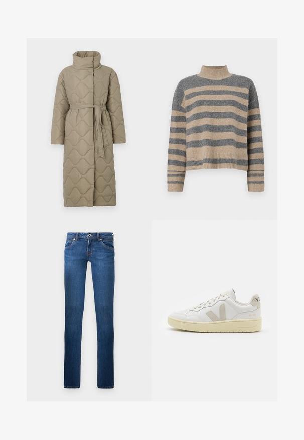 Casaco longo em taupe, acolchoado, com gola alta e cinto de tecido a condizer atado à cintura, apresentando um acolchoado em padrão de ondas por toda a parte.; Sweater de malha às riscas com cores cinza e bege, gola alta, mangas largas com punhos e um corte solto com design cropped.; Jeans de ganga azuis com um design de perna reta, cinco bolsos, detalhes de costura visíveis e um fecho de botão na cintura.; Sapatilha de couro branca com detalhes em camurça bege, biqueira perfurada, atacadores planos e sola texturizada creme. Apresenta uma marcação subtil no calcanhar.