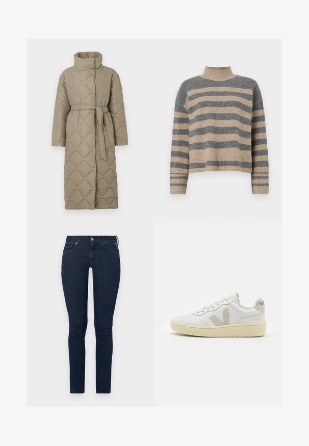 Casaco longo em taupe, acolchoado, com gola alta e cinto de tecido a condizer atado à cintura, apresentando um acolchoado em padrão de ondas por toda a parte.; Sweater de malha às riscas com cores cinza e bege, gola alta, mangas largas com punhos e um corte solto com design cropped.; Calças skinny de denim azul escuro com cintura alta, cinco bolsos e fecho frontal com botão. Textura suave com ligeira elasticidade.; Sapatilha de couro branca com detalhes em camurça bege, biqueira perfurada, atacadores planos e sola texturizada creme. Apresenta uma marcação subtil no calcanhar.