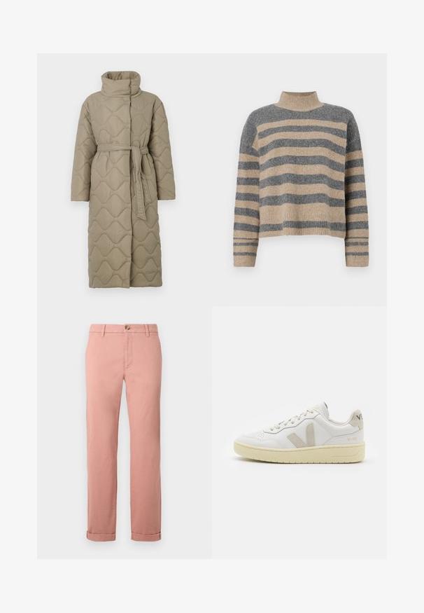 Lang taupe quiltet frakk med høy krage og belte i matchende stoff knyttet rundt livet, med bølgemønster-innsying gjennom hele frakken.; Stripet strikkegenser som har grå og beige farger, høy hals, brede mansjetter og en avslappet passform med kort design.; Lys rosa chinos laget av bomull med rette ben, med frontknappelukking, beltehemper og rullekanter. Glatt tekstur.; Hvite lær sneakers med beige semsket detaljer, perforert tåboks, flate lisser og en teksturert kremfarget såle. Har subtil branding på hælen.