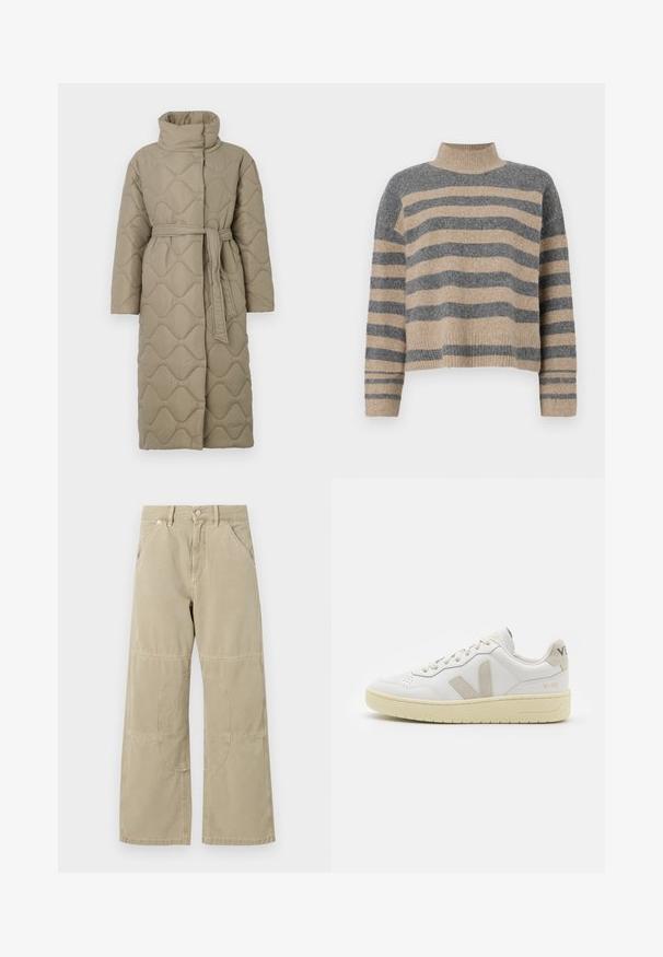 Długi, taupe'owy, pikowany płaszcz z wysokim kołnierzem i pasującym paskiem z materiału związanym w talii, z falistym wzorem przeszyć na całej powierzchni.; Sweter w paski z dzianiny w kolorach szaro-beżowych, z wysokim kołnierzem, szerokimi rękawami na mankietach i luźnym krojem z krótką długością.; Beżowe spodnie prostego kroju z wzmocnionymi łatami na kolanach, kieszeniami z przodu i z tyłu, szlufkami na pasek oraz zapięciem na guzik w talii.; Białe skórzane trampki z beżowymi zamszowymi akcentami, perforowanym noskiem, płaskimi sznurowadłami i teksturowaną kremową podeszwą. Posiadają subtelne logo na pięcie.