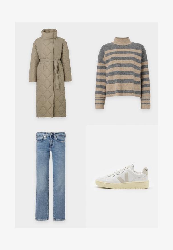 Long taupe quilted coat with high collar and matching fabric belt tied at the waist, featuring wave-pattern stitching throughout.; Striped knit sweater featuring gray and beige colors, high neck, wide cuffed sleeves, and a relaxed fit with a cropped design.; Light blue denim jeans, straight-leg design, five-pocket style, button and zipper fly, with subtle fading and a clean hem.; White leather sneaker with beige suede accents, perforated toe box, flat laces, and a textured cream sole. Features subtle branding on heel.