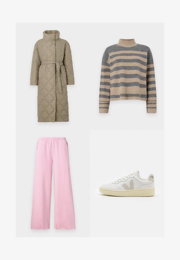 Langer taubefarbener gesteppter Mantel mit hohem Kragen und passendem Stoffgürtel, der in der Taille gebunden ist, mit Wellenmuster-Steppung. ; Gestreifter Strickpullover in Grau- und Beigetönen, mit hohem Kragen, breiten Bündchen an den Ärmeln und einer lockeren Passform im verkürzten Design.; Rosa weite Hosen aus weichem Stoff mit elastischem Bund und Seitentaschen. Sie haben einen geraden, fließenden Schnitt.; Weiße Ledersneaker mit beigen Wildlederakzenten, perforierte Zehenbox, flache Schnürsenkel und eine strukturierte cremefarbene Sohle. Mit dezentem Branding an der Ferse.