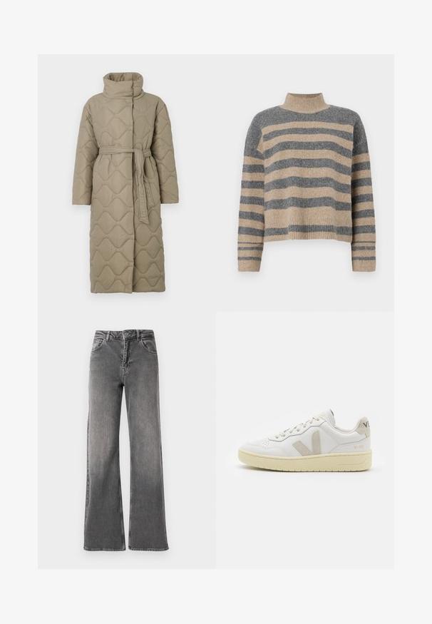 Lång taupe-färgad vadderad kappa med hög krage och matchande tygskärp knutet i midjan, med en vågmönstrad sömnad genom hela plagget.; Randig stickad tröja i grå och beige färger, hög krage, vida manschetter och avslappnad passform med en cropped design.; Vida jeans i mörkgrå denim med vida ben, hög midja, fem fickor och minimal blekning. Metallknapp och dragkedjestängning.; Vita lädersneakers med beige mockadetaljer, perforerad tåbox, platta snören och en texturerad krämfärgad sula. Har diskret varumärkning på hälen.