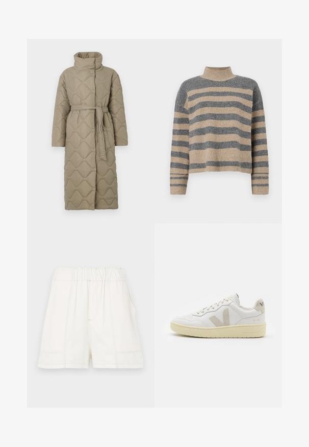 Lange taupe gekwiltde jas met hoge kraag en bijpassende stoffen riem die om de taille is geknoopt, met golfpatroon stiksel over het geheel.; Gestreepte gebreide trui met grijze en beige kleuren, hoge hals, brede mouwen met manchetten en een relaxte pasvorm met een cropped ontwerp.; Witte katoenen shorts met een elastische tailleband, voorzien van zijzakken en zichtbare naden voor extra textuur.; Witte leren sneaker met beige suède accenten, geperforeerde neus, platte veters en een gestructureerde crèmekleurige zool. Heeft subtiele branding op de hak.