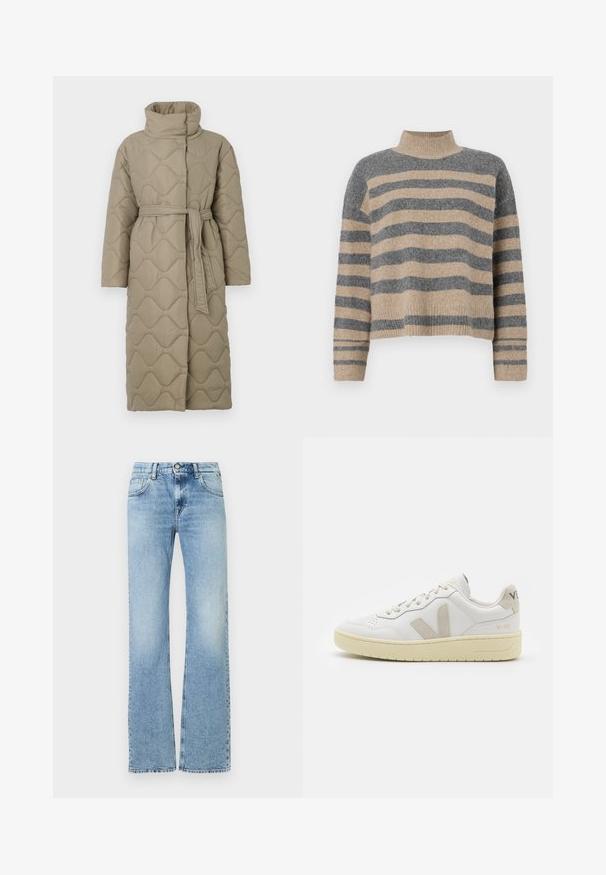 Manteau lung de culoare taupe, matlasat, cu guler înalt și curea din același material legată în talie, având o broderie în formă de valuri pe întreaga suprafață.; Pulover tricotat cu dungi, în culori gri și bej, guler înalt, mâneci late cu manșete și o croială lejeră cu un design scurt.; Jeans din denim de culoare albastru deschis, cu talie înaltă, ușor decolorate, cu nasture frontal, închidere cu fermoar și design cu cinci buzunare, croi drept.; Pantofii sport din piele albă cu accente din suede bej, cutie pentru degete perforată, șireturi plate și o talpă texturată de crem. Prezintă branding subtil pe călcâi.