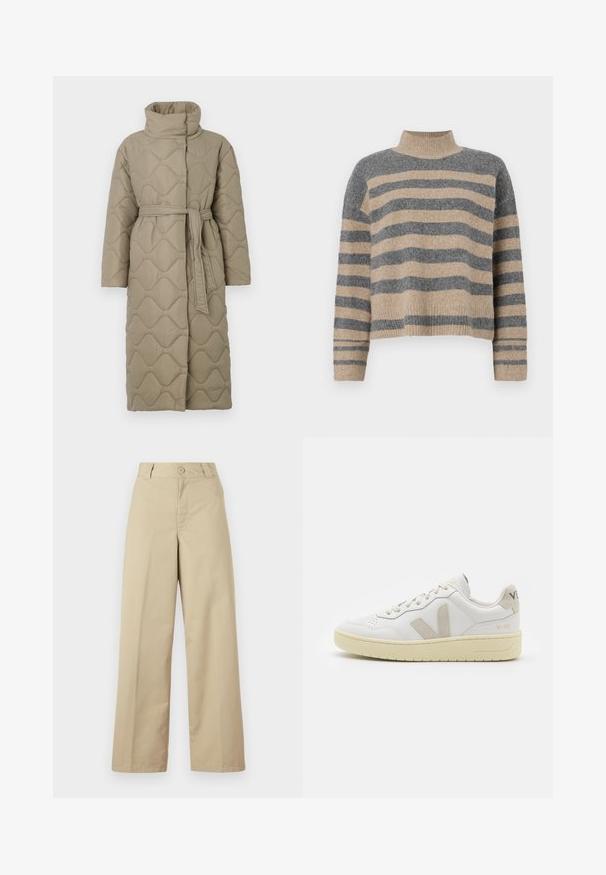 Lang taupe quiltet frakk med høy krage og belte i matchende stoff knyttet rundt livet, med bølgemønster-innsying gjennom hele frakken.; Stripet strikkegenser som har grå og beige farger, høy hals, brede mansjetter og en avslappet passform med kort design.; Beige vide benbukser laget av bomull, med knappelukking, belte-løkker og flat front med minimal detaljering.; Hvite lær sneakers med beige semsket detaljer, perforert tåboks, flate lisser og en teksturert kremfarget såle. Har subtil branding på hælen.