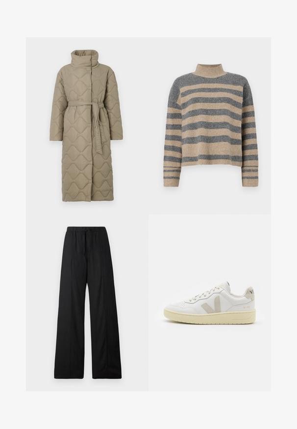 Long taupe quilted coat with high collar and matching fabric belt tied at the waist, featuring wave-pattern stitching throughout.; Striped knit sweater featuring gray and beige colors, high neck, wide cuffed sleeves, and a relaxed fit with a cropped design.; Black wide-leg pants made of lightweight fabric. Features an elastic waist with a drawstring. Clean, minimalist design with no patterns.; White leather sneaker with beige suede accents, perforated toe box, flat laces, and a textured cream sole. Features subtle branding on heel.