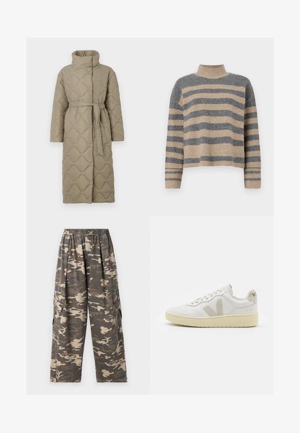 Lång taupe-färgad vadderad kappa med hög krage och matchande tygskärp knutet i midjan, med en vågmönstrad sömnad genom hela plagget.; Randig stickad tröja i grå och beige färger, hög krage, vida manschetter och avslappnad passform med en cropped design.; BDG Urban Outfitters BOBBI - Cargobyxor - camo; Vita lädersneakers med beige mockadetaljer, perforerad tåbox, platta snören och en texturerad krämfärgad sula. Har diskret varumärkning på hälen.