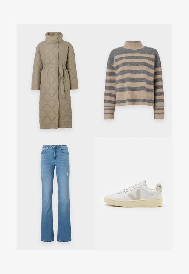 Long taupe quilted coat with high collar and matching fabric belt tied at the waist, featuring wave-pattern stitching throughout.; Striped knit sweater featuring gray and beige colors, high neck, wide cuffed sleeves, and a relaxed fit with a cropped design.; Light blue flared jeans made from denim, featuring a high waist, five pockets, and subtle distressed details on the legs.; White leather sneaker with beige suede accents, perforated toe box, flat laces, and a textured cream sole. Features subtle branding on heel.