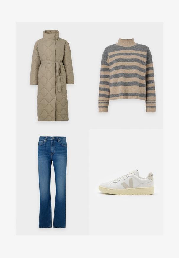 Lang taupe quiltet frakk med høy krage og belte i matchende stoff knyttet rundt livet, med bølgemønster-innsying gjennom hele frakken.; Stripet strikkegenser som har grå og beige farger, høy hals, brede mansjetter og en avslappet passform med kort design.; Blå denim flared jeans med fem lommer, glidelås foran og en falmet tekstur. Inkluderer sømdetaljer og en standard midje.; Hvite lær sneakers med beige semsket detaljer, perforert tåboks, flate lisser og en teksturert kremfarget såle. Har subtil branding på hælen.