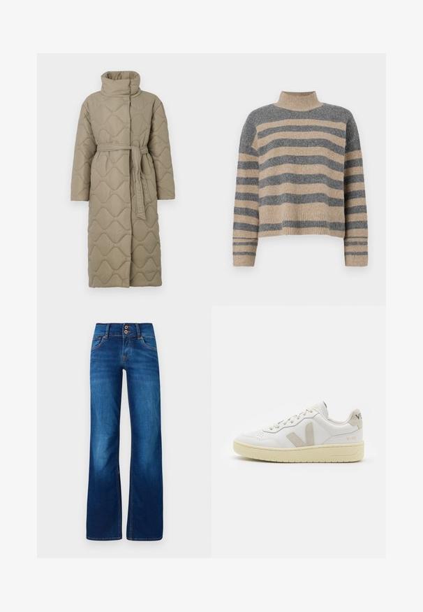 Dolga taupe puhovka s visokim ovratnikom in pasom iz iste tkanine, zavezanim na pasu, ki vsebuje šivane vzorce valov v celotni dolžini.; Prajčast pulover z šivi v sivi in bež barvi, visokim ovratnikom, širokimi manšetami in sproščenim krojem s skrajšano zasnovo.; Širše plavice iz denima, ki vključujejo dva sprednja gumba, oranžno šivanje in gladko teksturo. Klasičen dizajn s petimi žepi.; Bela usnjena tenisača z bež semiš poudarki, perforiranim prednjim delom, ravnimi vezalkami in strukturiranim kremnim podplatom. Ima diskretno blagovno znamko na peti.