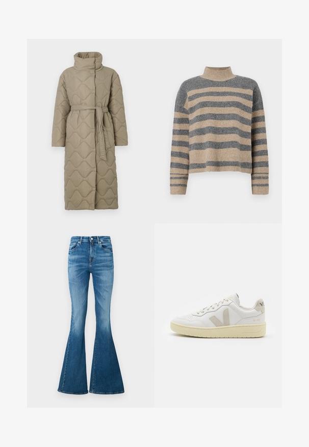 Lang taupe quiltet frakk med høy krage og belte i matchende stoff knyttet rundt livet, med bølgemønster-innsying gjennom hele frakken.; Stripet strikkegenser som har grå og beige farger, høy hals, brede mansjetter og en avslappet passform med kort design.; Sprekt jeans laget av middels tung denim, med høy midje, lys blå farge, subtile falminger og klassisk fem-lomme-design.; Hvite lær sneakers med beige semsket detaljer, perforert tåboks, flate lisser og en teksturert kremfarget såle. Har subtil branding på hælen.