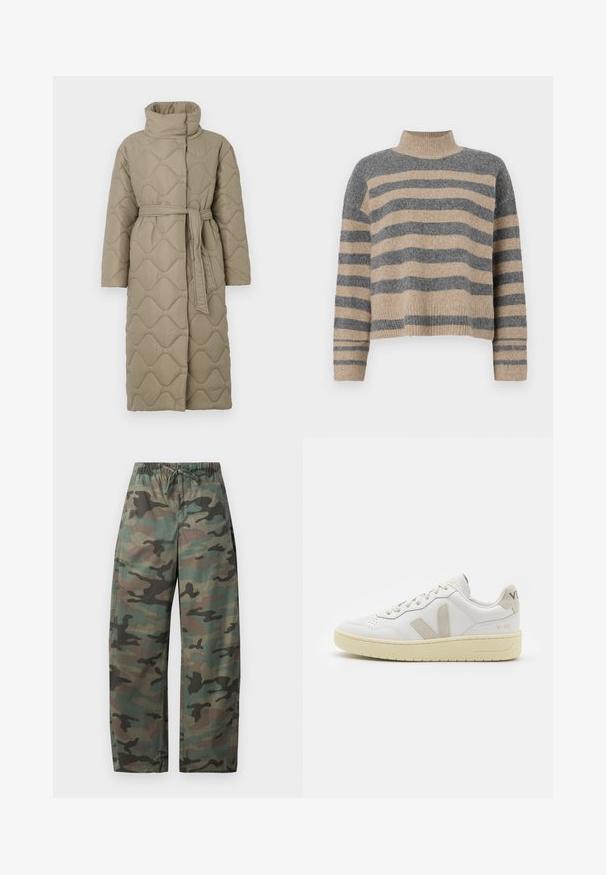 Lang taupe quiltet frakk med høy krage og belte i matchende stoff knyttet rundt livet, med bølgemønster-innsying gjennom hele frakken.; Stripet strikkegenser som har grå og beige farger, høy hals, brede mansjetter og en avslappet passform med kort design.; GAP BARREL PARACHUTE - Bukse - green camo; Hvite lær sneakers med beige semsket detaljer, perforert tåboks, flate lisser og en teksturert kremfarget såle. Har subtil branding på hælen.