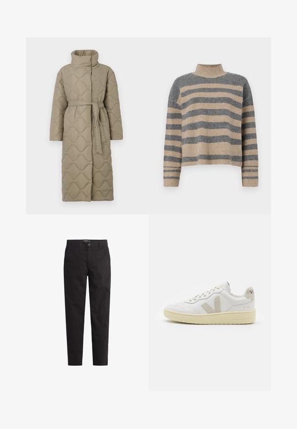 Dlhý taupe prešívaný kabát s vysokým golierom a opaskom z rovnakého materiálu viazaným v páse, so štepovaním vlnkového vzoru po celej ploche.; Prúžkovaný pletený sveter s šedými a béžovými farbami, vysokým golierom, širokými manžetami a voľným strihom s krátkym dizajnom.; Čierne bavlnené chinos nohavice s rovnou nohou, prednými vreckami a zapínaním na gombík. Hladká textúra s minimálnymi švy.; Biele kožené tenisky s béžovými semišovými akcentmi, perforovanou špičkou, plochými šnúrkami a textúrovanou krémovou podrážkou. Obsahujú jemné označenie na päte.