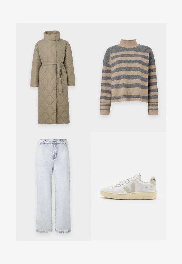 Lång taupe-färgad vadderad kappa med hög krage och matchande tygskärp knutet i midjan, med en vågmönstrad sömnad genom hela plagget.; Randig stickad tröja i grå och beige färger, hög krage, vida manschetter och avslappnad passform med en cropped design.; Ljusblå denim breda byxor med hög midja, med knappstängning, rak fåll och minimal blekning.; Vita lädersneakers med beige mockadetaljer, perforerad tåbox, platta snören och en texturerad krämfärgad sula. Har diskret varumärkning på hälen.