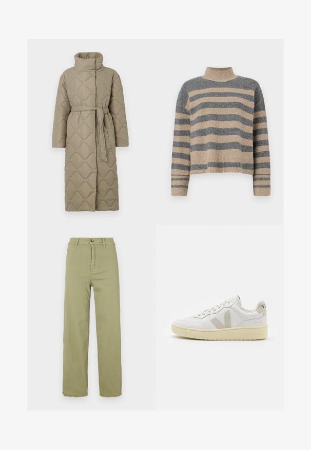 Long taupe quilted coat with high collar and matching fabric belt tied at the waist, featuring wave-pattern stitching throughout.; Striped knit sweater featuring gray and beige colors, high neck, wide cuffed sleeves, and a relaxed fit with a cropped design.; Light green high-waisted trousers with a straight leg. Features a button closure and frayed hem. Made from cotton fabric with a smooth texture.; White leather sneaker with beige suede accents, perforated toe box, flat laces, and a textured cream sole. Features subtle branding on heel.