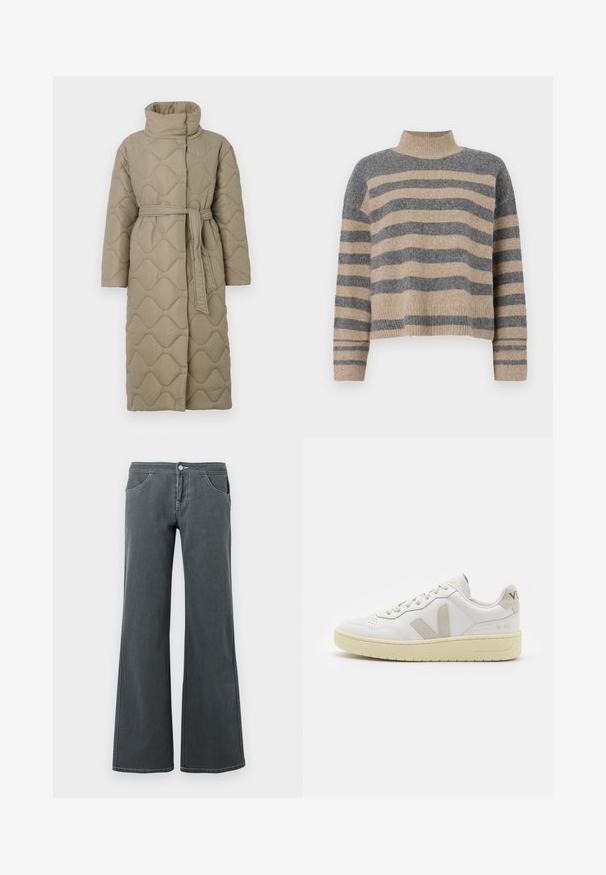 Abrigo largo en tono topo, acolchado, con cuello alto y cinturón de tela a juego atado en la cintura, que presenta un diseño de costura en patrón de olas en toda su superficie.; Suéter de punto a rayas en colores gris y beige, con cuello alto, mangas anchas con puños, y un corte relajado con un diseño recortado.; Vaqueros acampanados grises hechos de denim con una textura suave. Incluyen un cierre de botón, presillas para el cinturón y bolsillos frontales.; Zapatilla de piel blanca con acentos de ante beige, caja de puntera perforada, cordones planos y suela texturizada en color crema. Cuenta con un branding sutil en el talón.