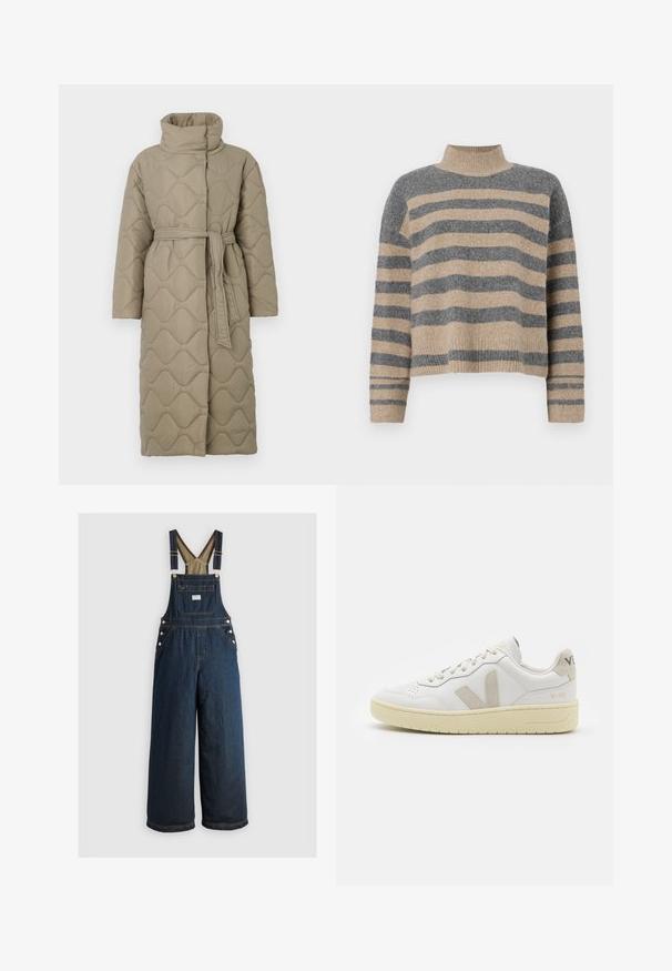 Langer taubefarbener gesteppter Mantel mit hohem Kragen und passendem Stoffgürtel, der in der Taille gebunden ist, mit Wellenmuster-Steppung. ; Gestreifter Strickpullover in Grau- und Beigetönen, mit hohem Kragen, breiten Bündchen an den Ärmeln und einer lockeren Passform im verkürzten Design.; Dunkelblaue Denim-Oberteile mit weitem Bein, verstellbaren Trägern und Knopfdetails. Verfügt über eine Fronttasche und eine feste, glatte Textur.; Weiße Ledersneaker mit beigen Wildlederakzenten, perforierte Zehenbox, flache Schnürsenkel und eine strukturierte cremefarbene Sohle. Mit dezentem Branding an der Ferse.