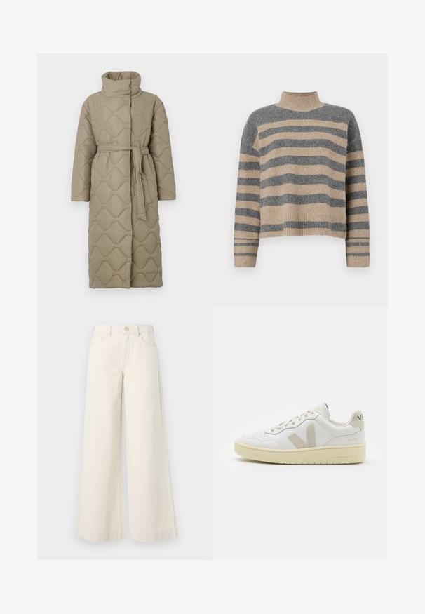 Lang taupe quiltet frakk med høy krage og belte i matchende stoff knyttet rundt livet, med bølgemønster-innsying gjennom hele frakken.; Stripet strikkegenser som har grå og beige farger, høy hals, brede mansjetter og en avslappet passform med kort design.; Vide ben, lyse beige denim bukser med høj talje, to frontlommer, knaplukning og diskret syninger.; Hvite lær sneakers med beige semsket detaljer, perforert tåboks, flate lisser og en teksturert kremfarget såle. Har subtil branding på hælen.