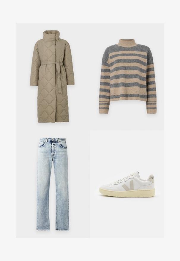 Dolga taupe puhovka s visokim ovratnikom in pasom iz iste tkanine, zavezanim na pasu, ki vsebuje šivane vzorce valov v celotni dolžini.; Prajčast pulover z šivi v sivi in bež barvi, visokim ovratnikom, širokimi manšetami in sproščenim krojem s skrajšano zasnovo.; Svetlo modri kavbojki z ravnim krojem. Značilnosti vključujejo pet žepov, pasne zanke in strgano rob spodnji del.; Bela usnjena tenisača z bež semiš poudarki, perforiranim prednjim delom, ravnimi vezalkami in strukturiranim kremnim podplatom. Ima diskretno blagovno znamko na peti.