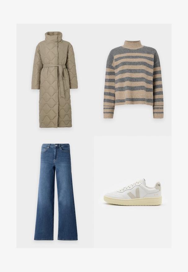 Hosszú taupe színű steppelt kabát magas gallérral és azonos anyagból készült övvel, amely a deréknál van megkötve, hullámmintás varrással az egész felületen.; Csíkos kötött pulóver szürke és bézs színekkel, magas gallérral, széles mandzsettás ujjal és laza, rövidített fazonnal.; Széles lábú kék farmernadrág, szabvány derekú, elülső zsebekkel és sima textúrával. Nincsenek látható minták vagy díszítések.; Fehér bőr sneaker bézs velúr részletekkel, perforált orr résszel, lapos fűzőkkel és textúrált krémszínű talppal. Finom márkajelzés található a sarkán.