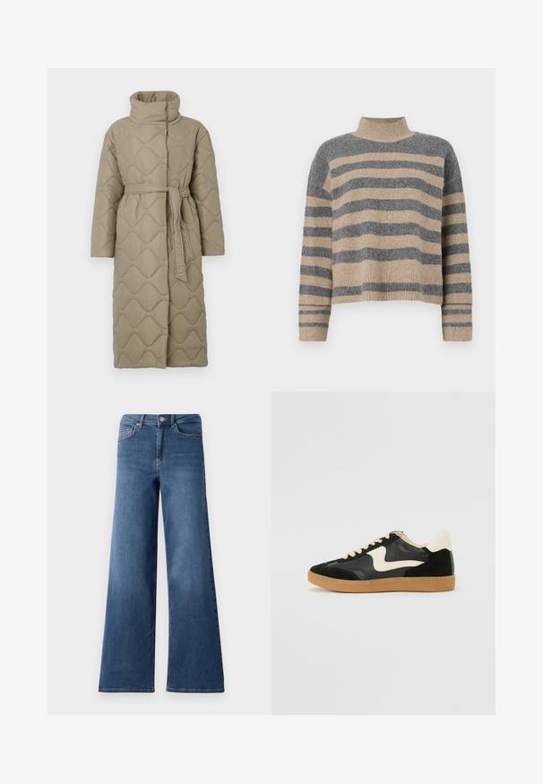 Casaco longo em taupe, acolchoado, com gola alta e cinto de tecido a condizer atado à cintura, apresentando um acolchoado em padrão de ondas por toda a parte.; Sweater de malha às riscas com cores cinza e bege, gola alta, mangas largas com punhos e um corte solto com design cropped.; Calças de ganga blue de perna larga com um cós padrão, bolsos frontais e uma textura suave. Sem padrões ou adornos visíveis.; Sapatilha em camurça e couro pretos com um swoosh lateral em creme e um calcanhar em creme claro. Apresenta atacadores bege e uma sola de borracha tipo gum.