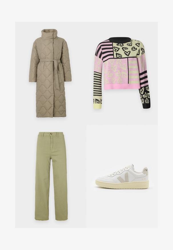 Manteau long en taupe matelassé avec col haut et ceinture en tissu assorti nouée à la taille, présentant des coutures en motif de vagues sur l'ensemble.; Pull en crochet avec un design cropped, orné de motifs en rose, vert, noir et rayés, détaillé avec des motifs en forme de cœur et un col côtelé.; Pantalons taille haute vert clair avec une jambe droite. Dotés d'une fermeture à bouton et d'un ourlet effiloché. Fabriqués en tissu de coton avec une texture lisse.; Baskets blanches en cuir avec des accents en daim beige, boîte à orteils perforée, lacets plats et semelle texturée crème. Présente un logo discret au talon.